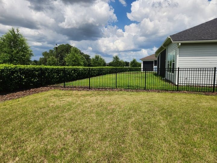 Black aluminum fence enclosing a residential backyard.